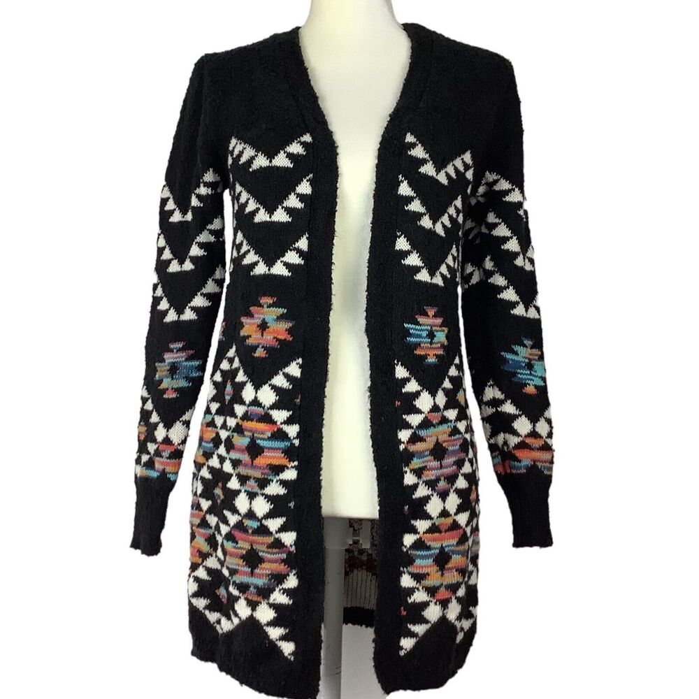Long Aztec Western Open Front Cardigan Sweater Girls Jr M Women XS S Black Knit - Picture 1 of 15